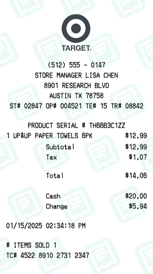 Target receipt preview - click to customize