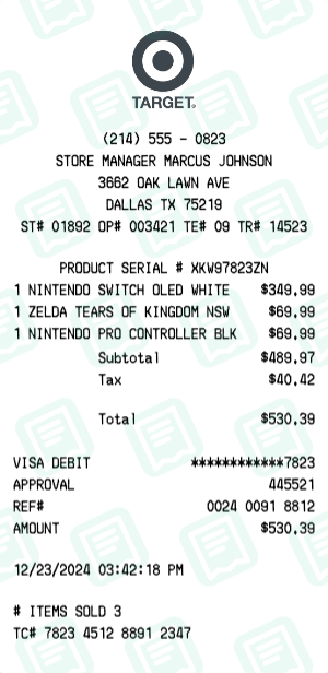 Nintendo Switch Target Receipt Example