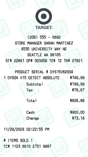 Dyson Vacuum Target Receipt Example