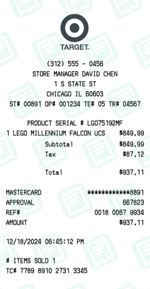 LEGO Star Wars Target Receipt Example