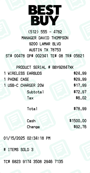 Best Buy Receipt with WIRELESS EARBUDS, PHONE CASE, USB-C CHARGER 20W totaling $79