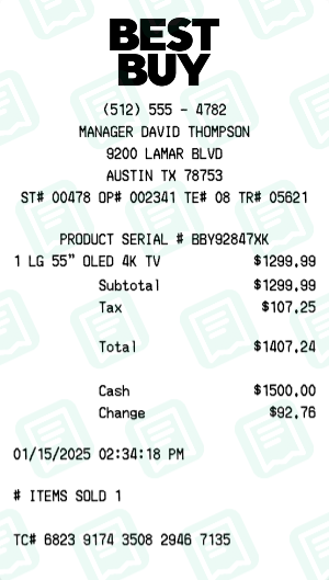 Best Buy receipt preview - click to customize