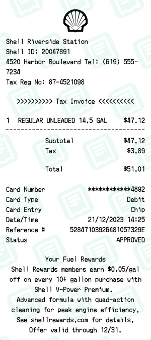 Shell Receipt with REGULAR UNLEADED 14.5 GAL totaling $51