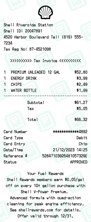 Shell Receipt with PREMIUM UNLEADED 12 GAL, ENERGY DRINK, CHIPS totaling $66