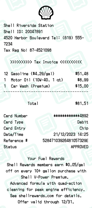 Shell receipt preview - click to customize