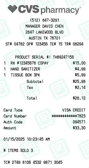 Cvs Receipt with RX #12345678 COPAY, HAND SANITIZER, TISSUE BOX 3PK totaling $28