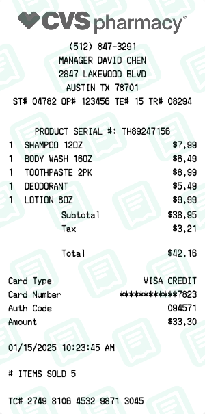 Cvs Receipt with SHAMPOO 12OZ, BODY WASH 16OZ, TOOTHPASTE 2PK totaling $42