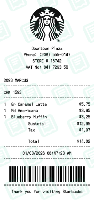 Starbucks Receipt with Gr Caramel Latte, Md Americano, Blueberry Muffin totaling $14