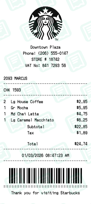 Starbucks Receipt Example - Team Coffee Order