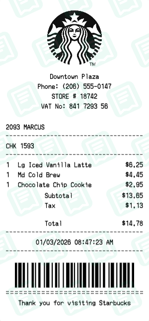 Starbucks Receipt with Lg Iced Vanilla Latte, Md Cold Brew, Chocolate Chip Cookie totaling $15