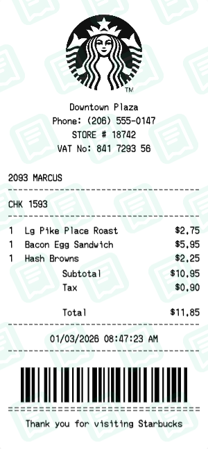 Starbucks Receipt with Lg Pike Place Roast, Bacon Egg Sandwich, Hash Browns totaling $12