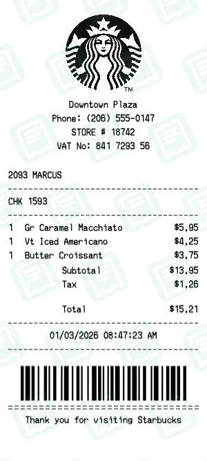 Starbucks receipt preview - click to customize