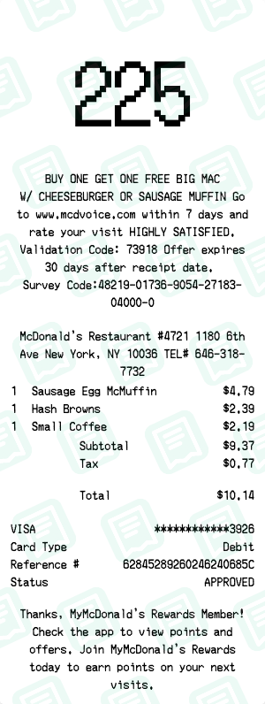 McDonald's Receipt Example - Breakfast Order