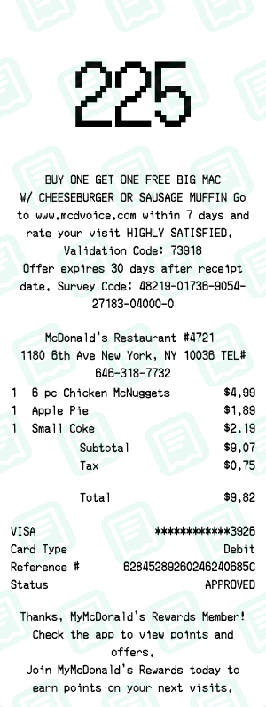 Mcdonalds Receipt with 6 pc Chicken McNuggets, Apple Pie, Small Coke totaling $10