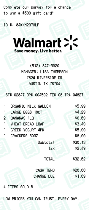 Walmart Receipt Example - Weekly Grocery Run