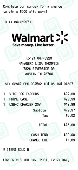 Walmart Receipt with WIRELESS EARBUDS, PHONE CASE, USB-C CHARGER 20W totaling $79