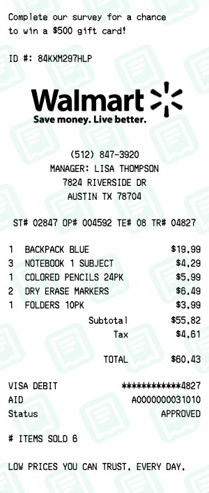 Walmart Receipt Example - Back to School