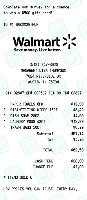 Walmart Receipt Example - Household Essentials