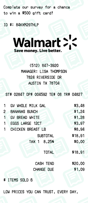 Walmart receipt preview - click to customize