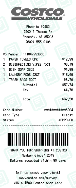 Costco Receipt Example - Household Essentials