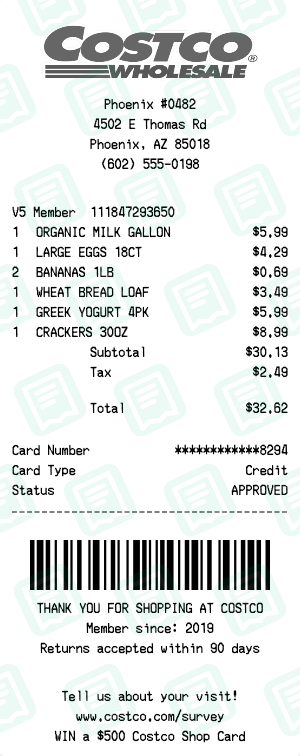 Costco Receipt Example - Weekly Grocery Run