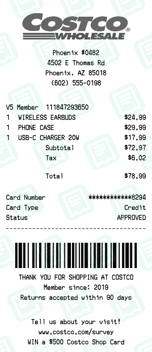 Costco Receipt with WIRELESS EARBUDS, PHONE CASE, USB-C CHARGER 20W totaling $79
