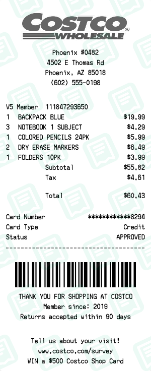 Costco Receipt with BACKPACK BLUE, NOTEBOOK 1 SUBJECT, COLORED PENCILS 24PK totaling $60