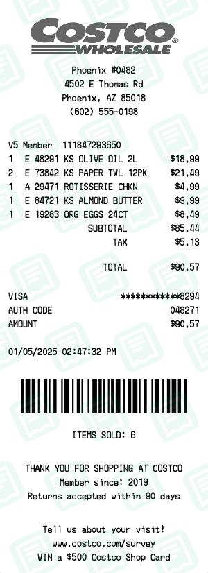 Costco receipt preview - click to customize