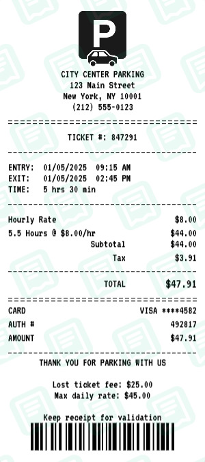 Parking receipt preview - click to customize