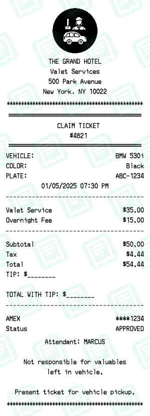 Valet Parking receipt preview - click to customize