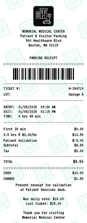 Hospital Parking receipt preview - click to customize
