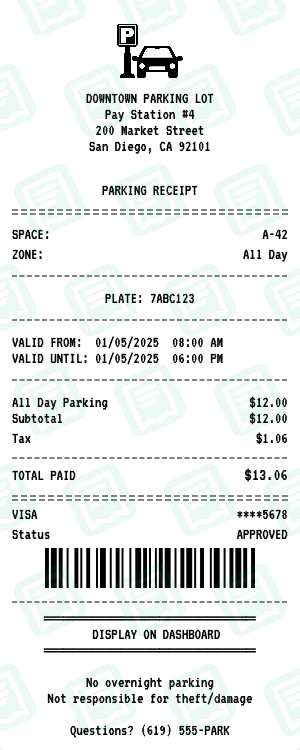 Parking Lot receipt preview - click to customize
