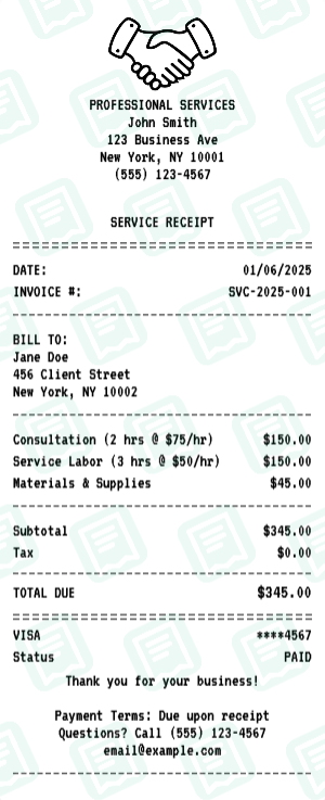 Service receipt preview - click to customize