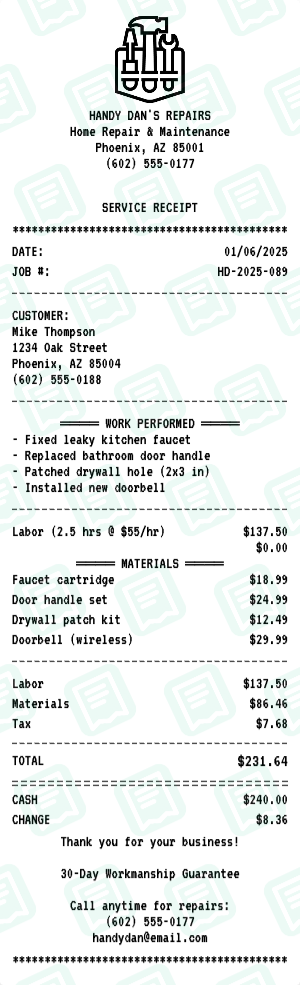 Handyman receipt preview - click to customize