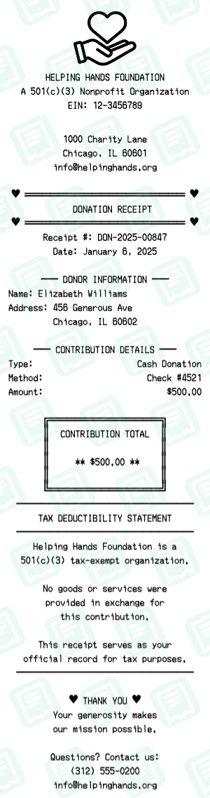 Donation receipt preview - click to customize