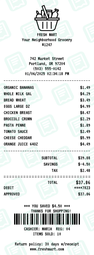 Grocery receipt preview - click to customize