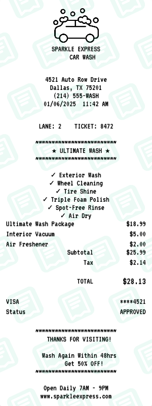 Car Wash receipt preview - click to customize