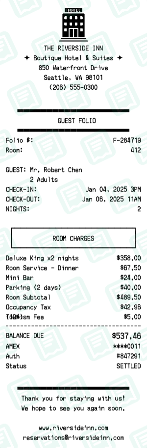 Hotel receipt preview - click to customize