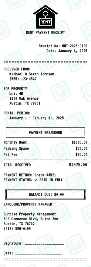 Rent receipt preview - click to customize