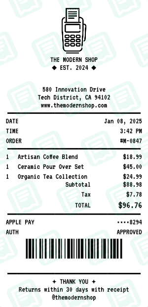Modern POS receipt preview - click to customize
