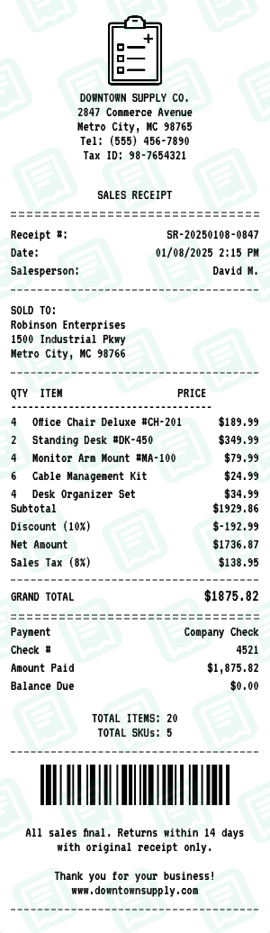 Itemized Sales receipt preview - click to customize