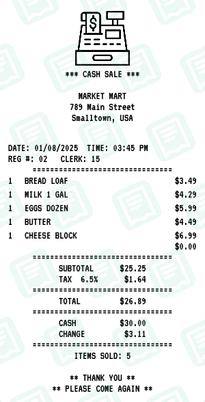 Cash Register receipt preview - click to customize