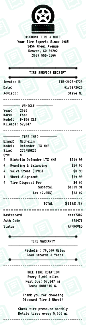 Tire Shop receipt preview - click to customize