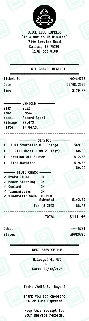 Oil Change receipt preview - click to customize