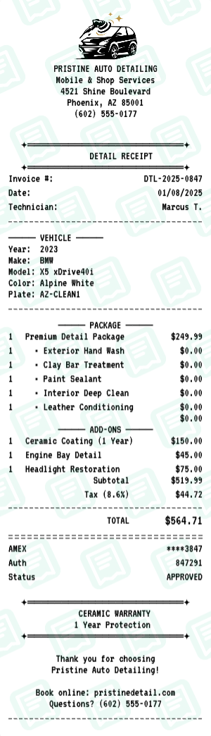Car Detailing receipt preview - click to customize