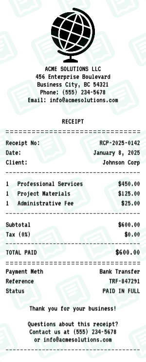 Business receipt preview - click to customize