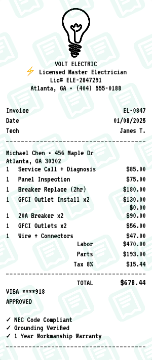 Electrician receipt preview - click to customize