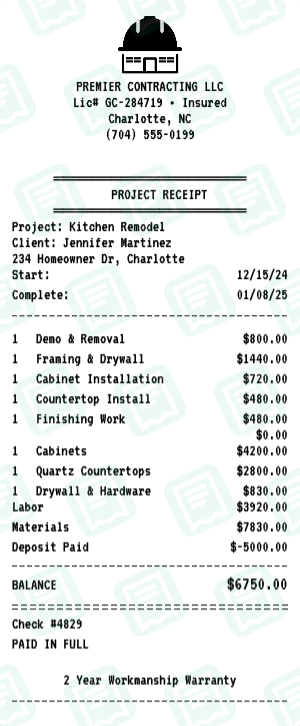 Contractor receipt preview - click to customize