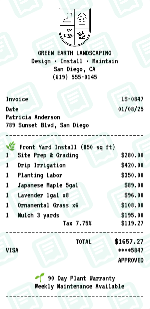 Landscaping receipt preview - click to customize