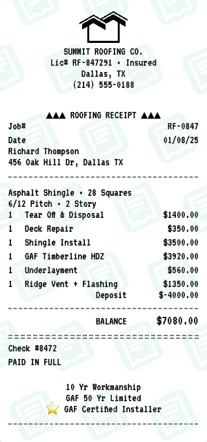 Roofing receipt preview - click to customize